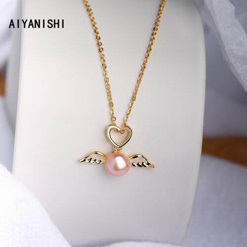 AIYANISHI 18K Gold Filled Natural Freshwater Pearl Necklaces Charm Heart Necklaces Jewelry Freshwater Pearl Angel Necklaces