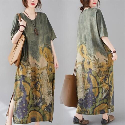 Dress Women Summer Vintage Elegant Ladies Peacock Printing Breathable Loose V-Neck Side Slit Oversize Short Sleeve Vestido