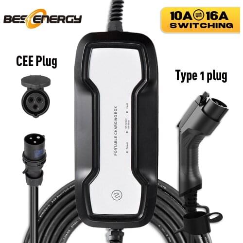 EVSE Type 1 Portable EV Charging Box Cable Switchable 10/16A CEE Plug Electric Vehicle Car Charger With Holder for