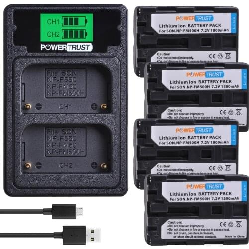 Powertrust 4 PC NP-FM500H Camera Battery+LCD USB Dual Charger with Type C Port for Sony Alpha A58 DSLR-A350A300/A350/A450/A500