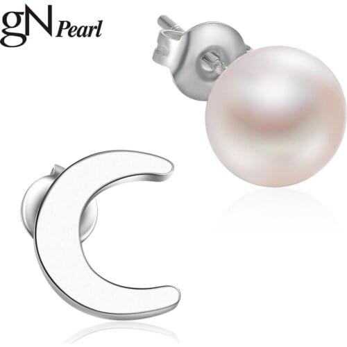 GN Pearl Asymmetric Moon Design Stud Earring Real Natural Freshwater Pearl Earrings gNPearl Fine Jewelry for Women Gift