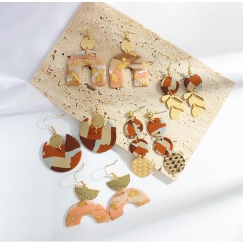 Lifefontier Handmade Metal Gold Foil Polymer Clay Drop Earrings for Women Boho Abstract Pattern Clay Hanging Earrings Jewelry