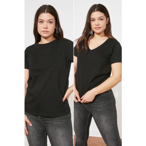 Trendyol 100 Cotton Single Jersey V-Neck and Bike Collar 2'li Package Knitted T-Shirt TWOSS20TS0143