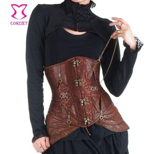 Vintage Waist Slimming Corsets Plus Size Women Steel Boned Waist Cincher Corset Underbust Gothic Skirted Bustier with Chain