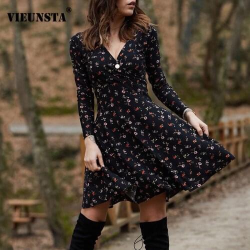 Vintage Floral Print V-neck Party Dress Women 2021 Spring Autumn Long Sleeve A-Line Dress Casual Loose Ladies Mini Dress Vestido