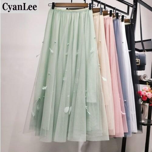 Cyanlee Mesh Tulle Skirt Women Beaded Feather High-Waist Pleated Skirt Big Swing White Black Maxi Long Women Skirt Faldas Befree
