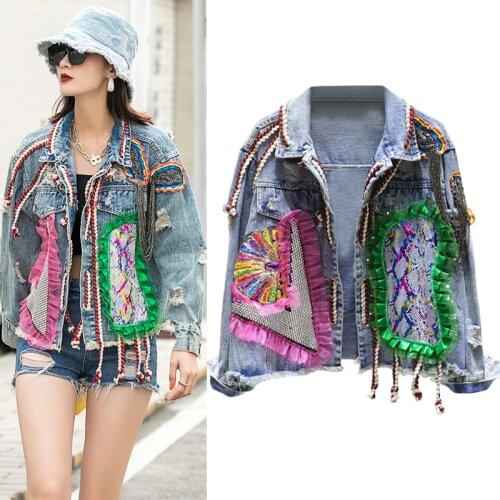 Women Denim Jacket 2021 Autumn Boho Patch Tassels Hole Washed Beads Loose Short Jeans Jackets Coats Top Long Sleeve Outerwear