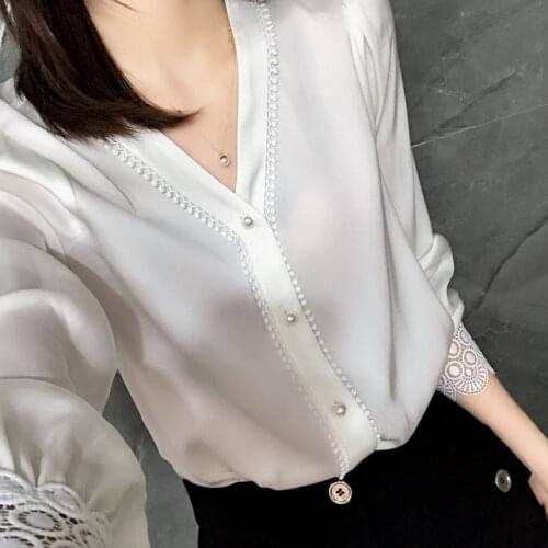 Female Spring Casual Office V-neck Pearl Button Long-sleeved Slim Solid Color All-match Lace Chiffon Shirt Fashion Harajuku Tops