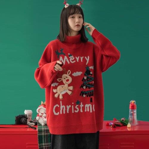 Women Autumn Winter Christmas Sweater Casual Turtleneck Loose Ladies Knitted Jumper Christmas Tree Elk Printed Sweater Pullovers