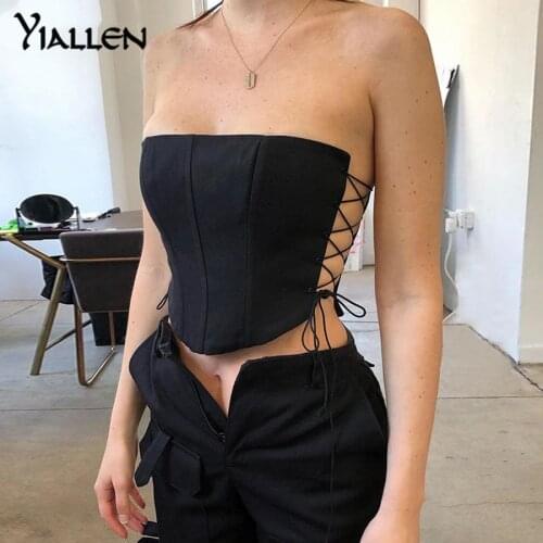 Yiallen Sexy Club Strapless Side Hollow Out Lace Up Bodycon Crop Top Women Fashion Sleeveless Skinny Pure Streetwear Camisole