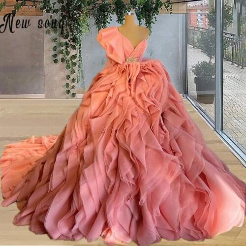 Fairy Ball Gown Princess Pink Prom Dresses One Shoulder Sweetheart Floral Appliques Party Dresses Tulle Long Evening Gowns