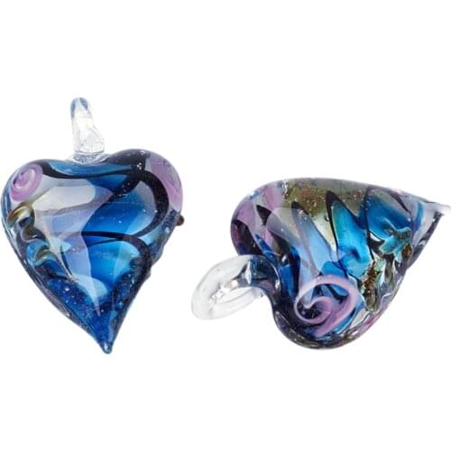 12pcs/ Heart Lampwork Glass Pendants Inner Flower Gold Sand for Necklace Bracelet Making Mixed Color 47x31x14mm Hole: 6x8mm