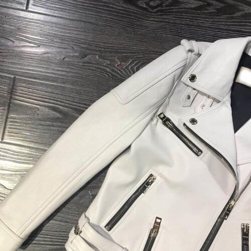 2020 Spring White Luxury Sheepskin Real Leather Jacket Women Slim Fit Jaqueta De Couro Buckle Motor Biker Lady Windbreaker Coat