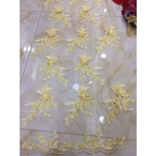 5yards /lot hts007# yellow sequin 3d luxury flower best quality embroidery tulle mesh lace fabric for evening dress/wedding