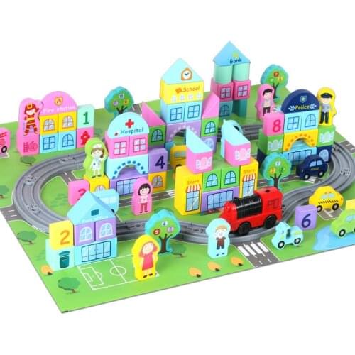 56/111PCS Electric Train Track Wooden Scene Building Blocks Educational Toys 3-6 Years Old Cognitive Children Kids Gifts
