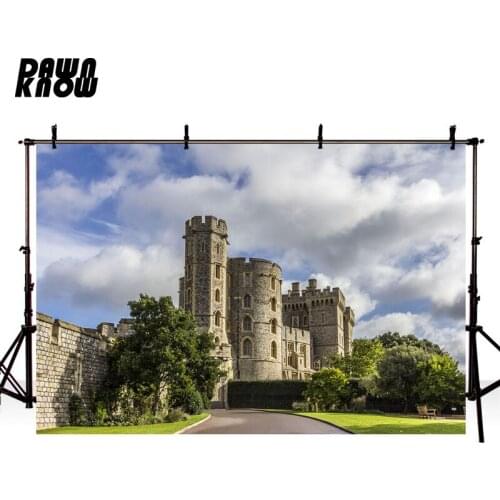 DAWNKNOW White Cloud Photography Background Brick Tower Tree Scenic Photographic Backdrops Wedding Children Photocall lv1432