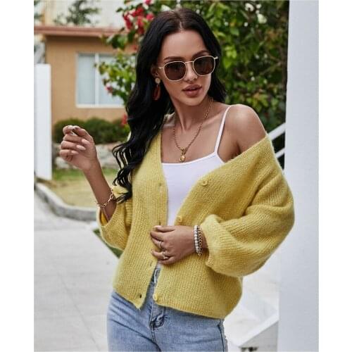 Women Cardigan Single Breasted V-Neck Lantern Sleeve purple cardigan Three Quarter knitted cardigan England style sweater Solid