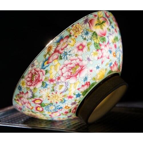 Gold Painted Flower Enamel Rice Bowl Noodles Bowl Single High Foot Anti Scalding Chinese Jingdezhen Bone China Tableware