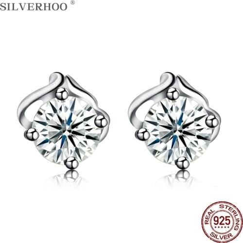SILVERHOO Stud Earrings For Women Sterling Silver 925 Jewelry Minimalist Trendy Round Cubic Zirconia Earring Engagement Gift