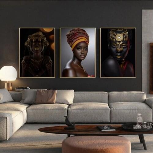 Exquisite Gold Jewelry Figure African Women Oil Painting Canvas Printing Art Poster Living Room Home Wall Decoration Picture