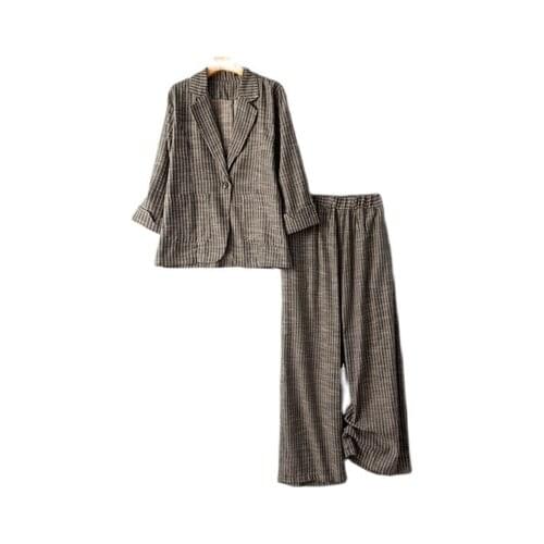 Summer New Pants suits womens large size thin Striped cotton and linen Loose suit wide-leg pants Casual 2 piece sets women