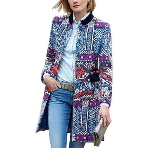 European and American print Jacket Slim Spring Autumn Coat Stand Collar Single-breasted Fashionable Womens Jacket Outwear K436
