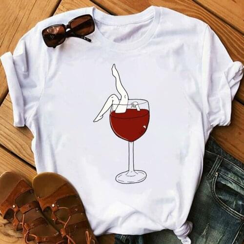 Fashion Women T Shirt Wine Glass Printed Short Sleeve T shirt Women Funny Top T Graphic Female Tee Streetwear Clothes Brand