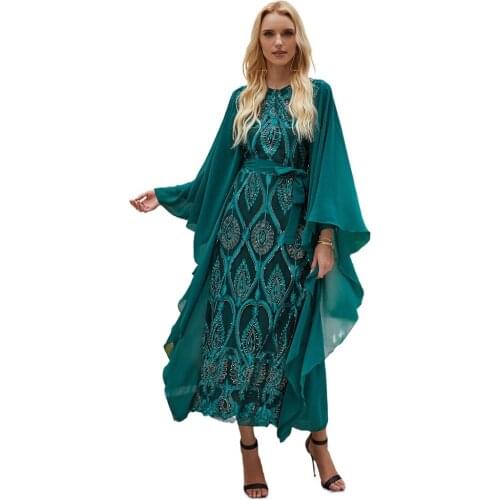 Islamic Clothing Abaya Dubia with Embroidery Moroccan Evening Caftan Chiffon Arabic Clothes Women Green Dress Muslim Fashion