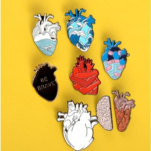 7pcs Heart pin Ocean Wave Bandage brave hearts enamel pins brooch for women men Punk Lapel pin badges organ Anatomy jewelry gift