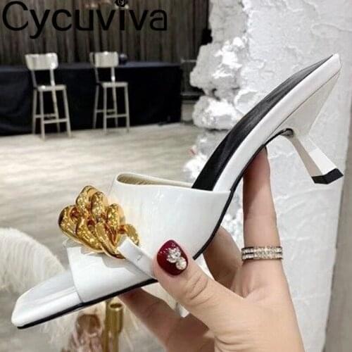 Gold Metal Chain Kitten Heels Mules Slippers Women Slip On Peep Toe Women Sandals Summer Beach Slippers Designer Shoes For Women