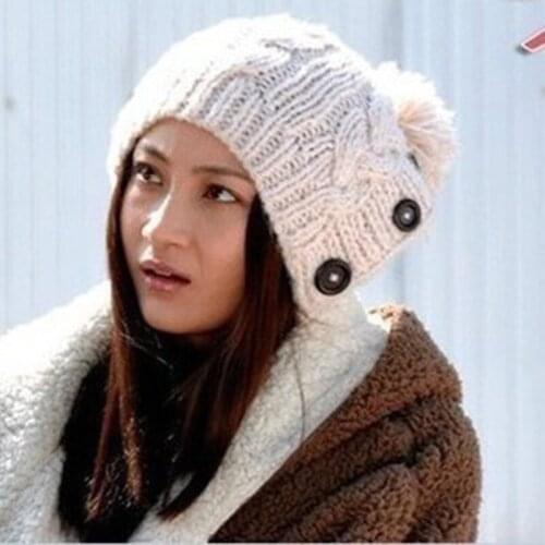 New Winter Cap Women Warm Woolen Knitted Fashion Hat Ear Protection Jonadab Button Twisted Beanie Cap Woman Fur Cap Accessories