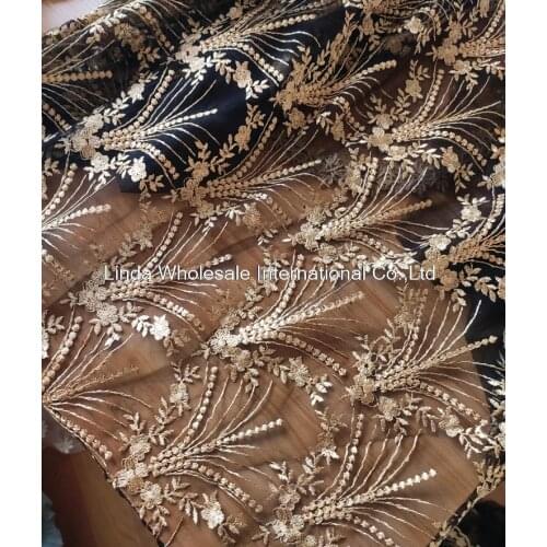 New Gold Embroidered lace Fabric Black net yarn Fabric Embroidered Clothing Dress material, DIY Handmade sewing accessories