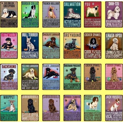 Retro Style Pet Metal Sign Cartoon Dogs Pug Dachshund Border Collie Greyhound Metal Tin Decor Posters Art Vintage Mural Painting