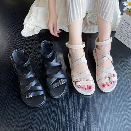Gladiator Platform Summer Sandals Women Harajuku Gothic Buckle Strap Black White Leather Shoes Rome Outdoor Beach Open Toe Flats