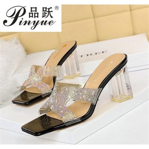 Summer New Womens Shoes Water Diamond Middle Heel Square Heel Color Diamond Sandals Fashion Womens Slippers size 33--41