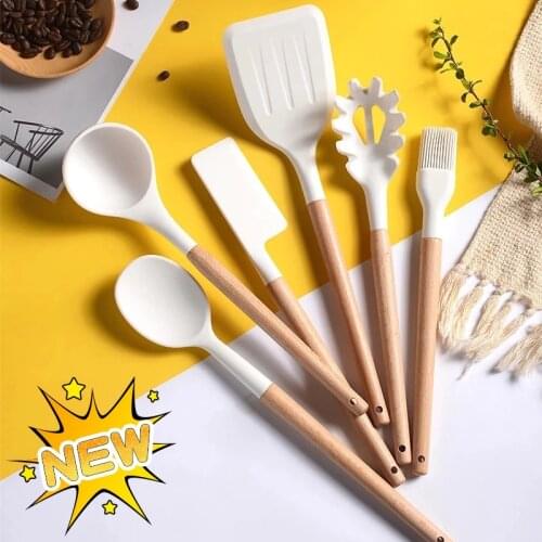 Silicone Kitchenware Wooden Handle Non-Stick Spatula Heat Resistant Cooking Tool Ladle Egg Beaters Kitchen Cookware Accessories