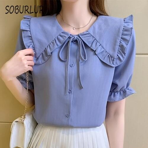 SOBURLUR Summer Basic Chiffon Loose Womens T-shirts Crop Top Woman Clothes Oversize T shirt Korean Style Kawaii Casual Bow Tee