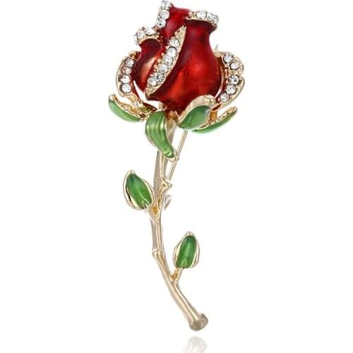Rhinestone Enamel Red Rose Brooches For Women Alloy Flower Weddings Banquet Party Brooches Valentine Day Gifts