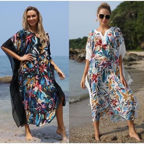 Loose Bohemian Print V-neck Bikini Cover-ups Summer Dress Beach Tunic Bobe De Plage Pareo Bathing Suit Saida De Praia