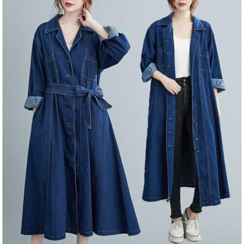 Plus Size Womens Autumn Spring Denim Trench Coat Loose Casual Suit Collar Long Fashion Jeans Windbreaker With Belt Jaqueta y106