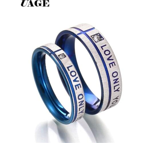 UAGE Cubic Zirconia Ring Stainless Steel Shinning Crystal Couple Ring Love Only you For Romantic Blue Wedding Rings