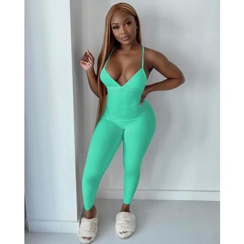 Ribbed Knit Deep V Neck Backless Jumpsuit Long Pants Thin Spaghetti Straps Womens Open Back Bodycon Skinny Sexy Party Rompers