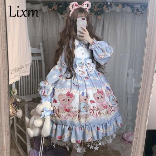 Japanese Kawaii Lolita Dress Soft Sisiter Bow Bear Printing Blue Dress Women Princess Dress Tea Party Costume for Girls
