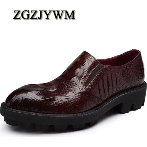 ZGZJYWM New Fashion Men Dress Shoes High Quality Increased Thick Soles Breathable Genuine Leather Crocodile Pattern Oxford Shoes