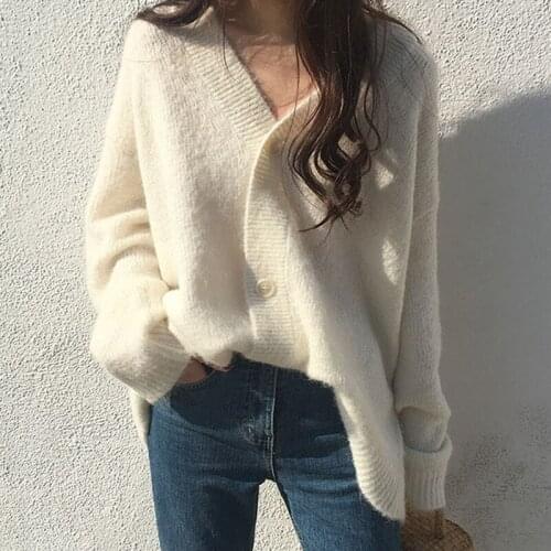 2019 Women Autumn Cardigan Mohair Breasted Buttons Knitted Female Outwear Sweater Solid Long Sleeve High Quality