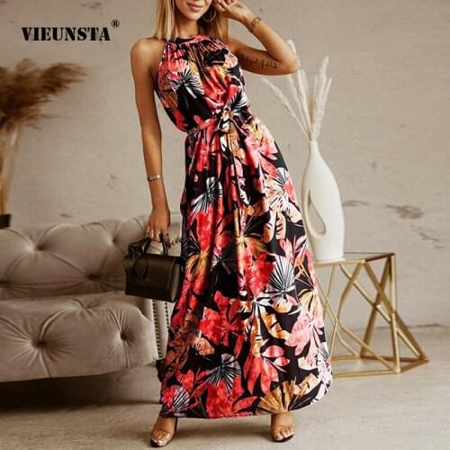 Retro Elegant Womens Clothing hang Neck Sexy Sleeveless Dress Many Kinds Style Printing Pattern Lace Sandy Beach Long Skirt XXL