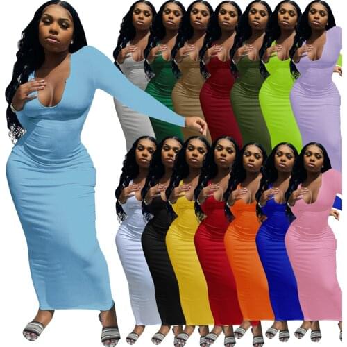 Ribbed Knitted Women Solid Long Sleeve Midi Dress Autumn Sexy V Neck Bodycon Dresses Streetwear Party Elegant Slim Long Dresses