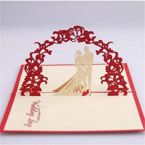 20 pieces/lot) 3D Pop Up Bride And Groom Wedding Invitation Card Vintage Red Heart Marriage Invitations With Envelope IC106