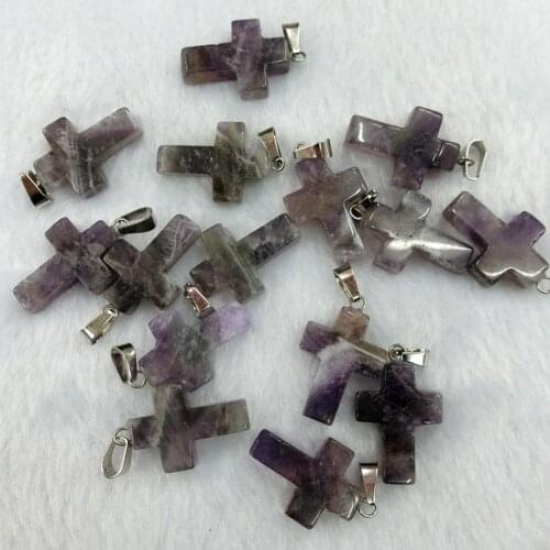 24pcs Cross Natural Amethysts Stone Charms Hexagonal Pyramid Treat Pillar Healing Reiki Point Pendants for Jewelry Making Free