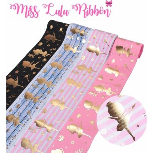 3"75mm Gold Foil Ballet Dancer Girl Star Pink Stripes Lace Printed Grosgrain Ribbon DIY Bowknots Hair Band Making 50yards/roll